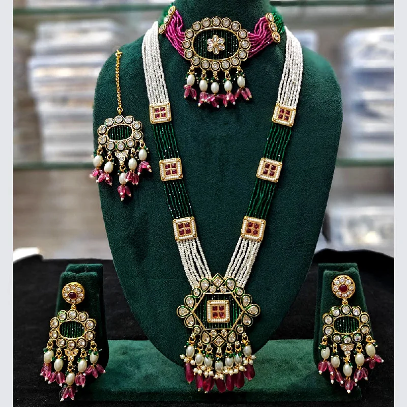 Round Gemstone Necklace-Manisha Jewellery Gold Plated Pota Stone And Pearls Double Necklace Set