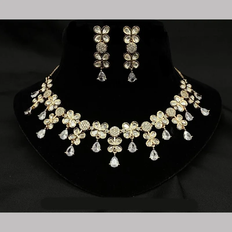 Luxury Pearl Necklace-Shagna Gold Plated Polki Kundan Stone Necklace Set