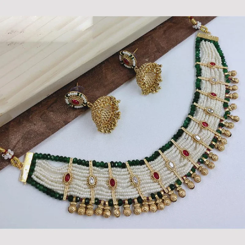 Adjustable Chain Necklace-FS Collection Gold Plated Kundan Stone And Pearls Choker Necklace Set