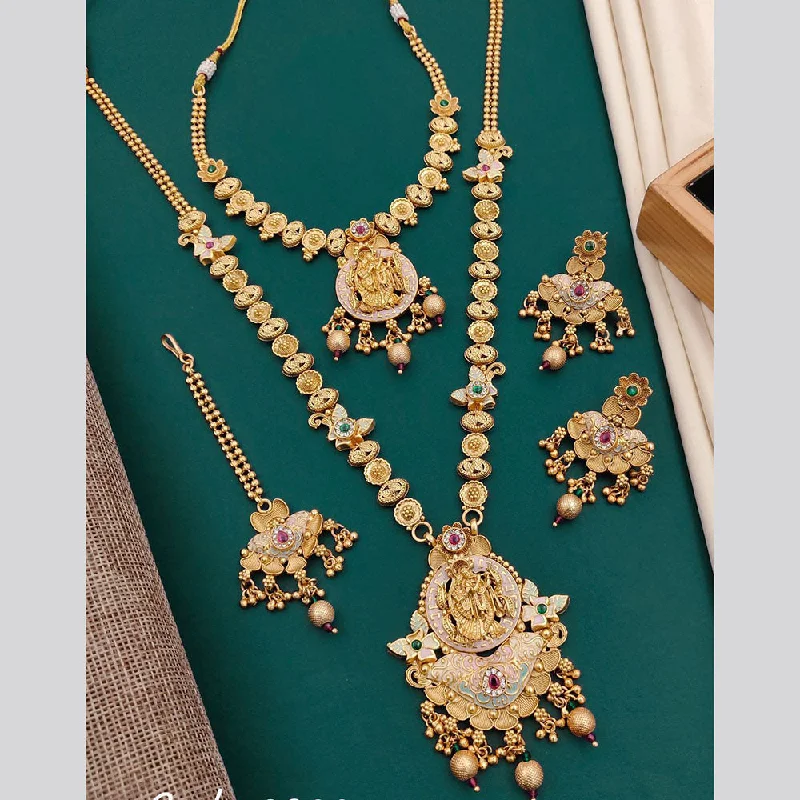 Stylish Pendant Necklace-Neetu Art Gold Plated Pota Stone Double Necklace Set