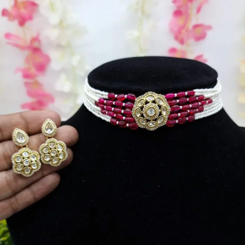 Unique Leather Necklace-JCM Gold Plated Polki Kundan Stone And Pearls Choker Necklace Set