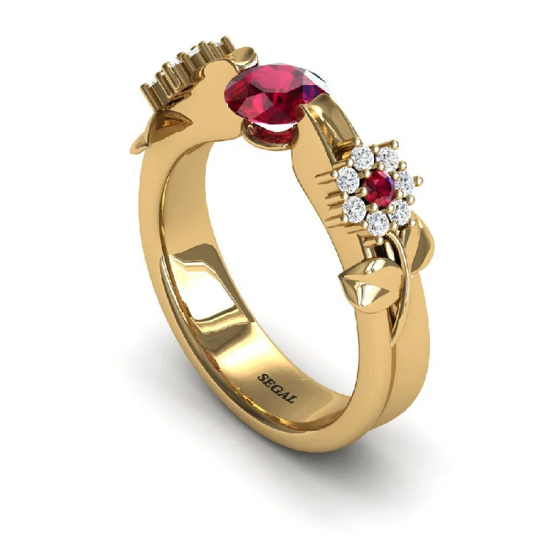 Handcrafted Silver Ring-Engagement ring 14K Yellow Gold Flower And Leafs Antique Ring Ruby With White diamond - Piper