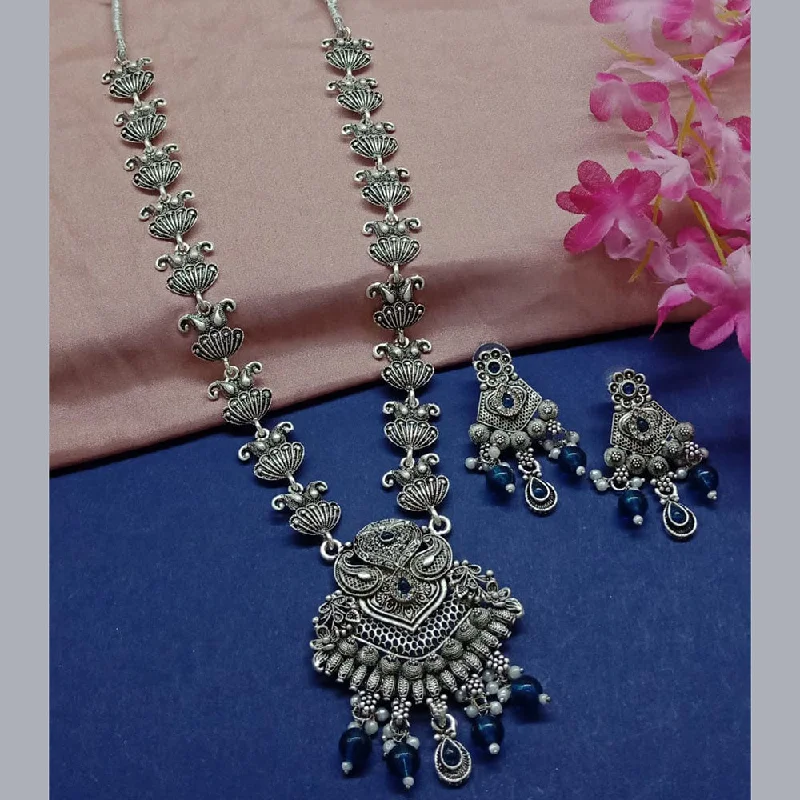 Birthstone Pendant Necklace-Sai Fashion Oxidised Plated Pota Stone Long Necklace Set