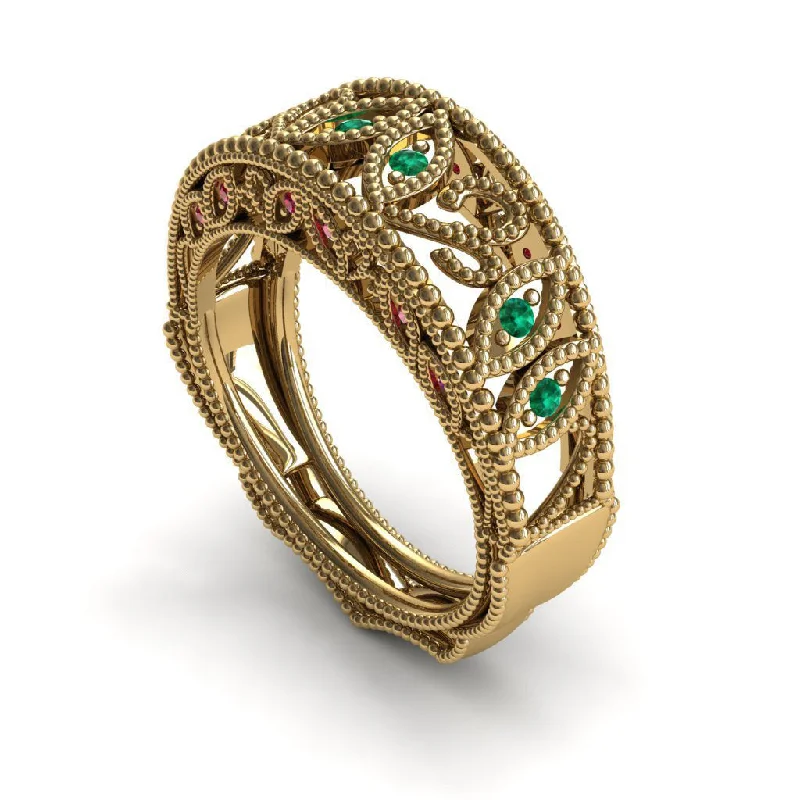 Elegant Rose Gold Ring-Unique Engagement Ring 14K Yellow Gold Vintage Art Deco Edwardian Ring Filigree Ring Green Emerald With Ruby - Gianna no. 10