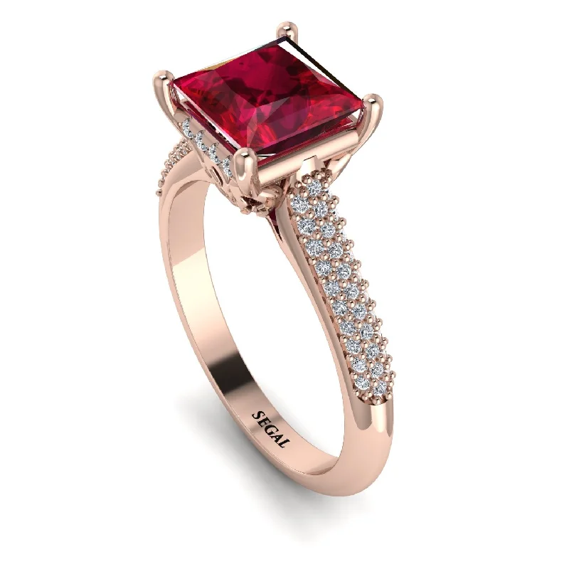 Simple Promise Ring-Luxury Pave Princess Cut Ruby Engagement Ring With Hidden Stone - Sabrina No. 11