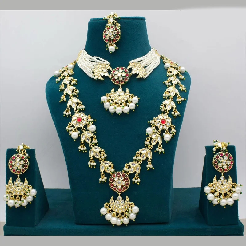 Layered Pendant Necklace-Manisha Jewellery Gold Plated Pota Stone And Pearls Double Necklace Set