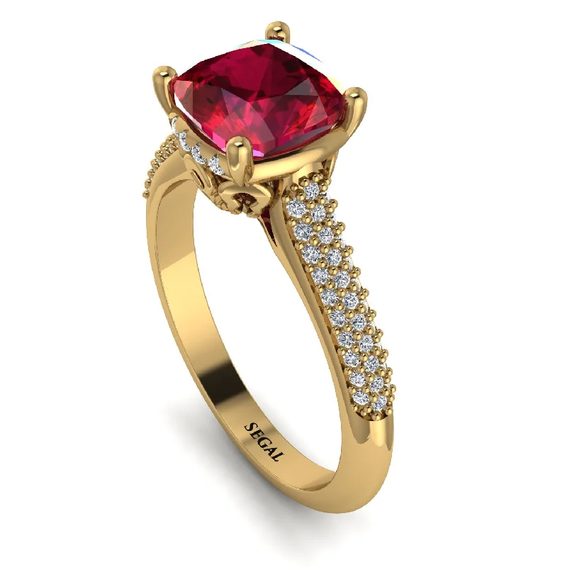 Custom Engraved Ring-Luxury Pave Cushion Cut Ruby Engagement Ring With Hidden Stone - Esmeralda No. 10