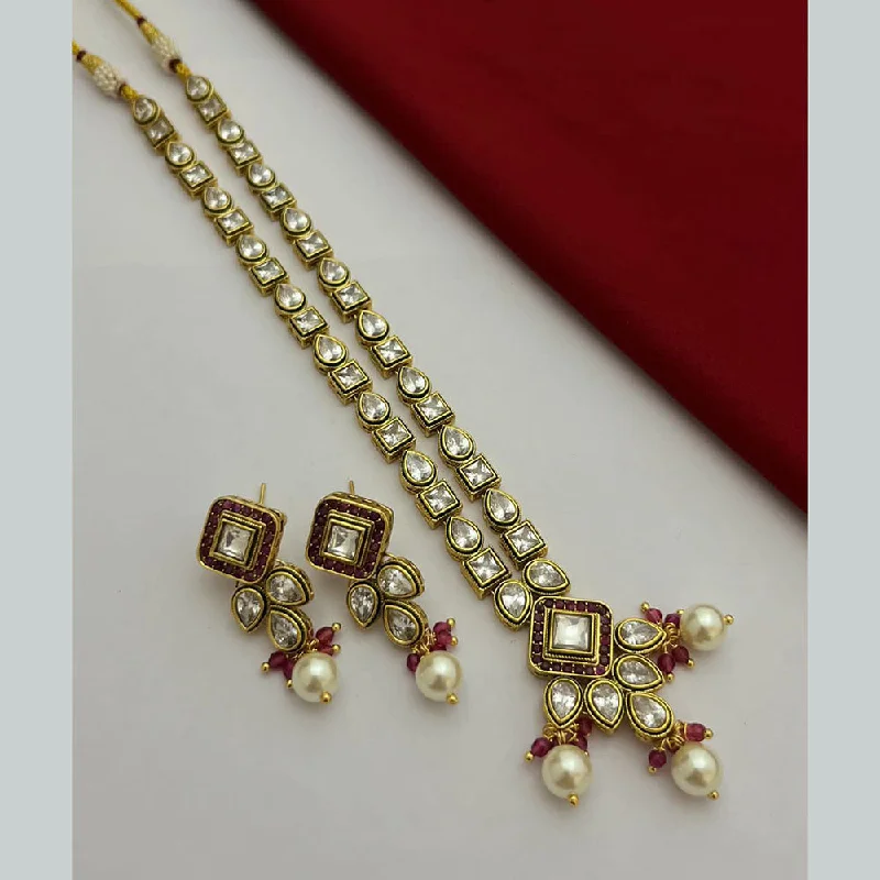 Celestial Moon Necklace-FS Collection Gold Plated Kundan Stone And Pearls Long Necklace Set