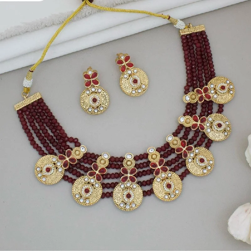 Statement Necklaces for Parties-JCM Gold Plated Kundan Stone And Beads Necklace Set