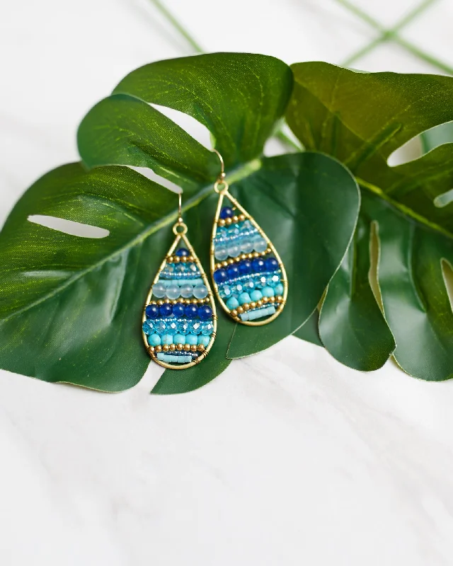 Elegant Statement Earrings-Blue Beaded Teardrop Earrings