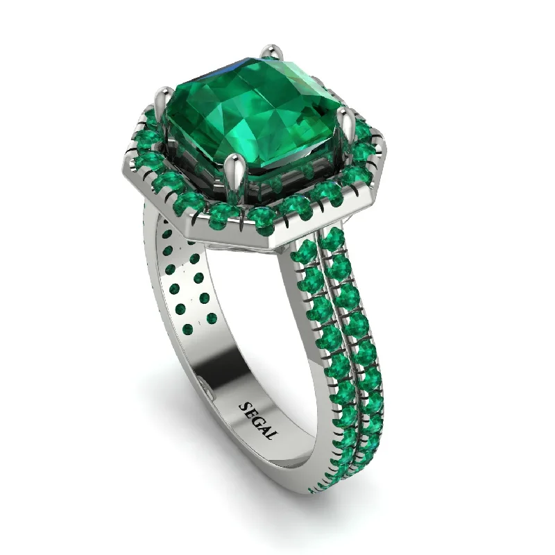 Sterling Silver Ring-Gorgeous Radiant Cut Emerald Pave Double Shank Engagement Ring With Hidden Stone - Felicity No. 21