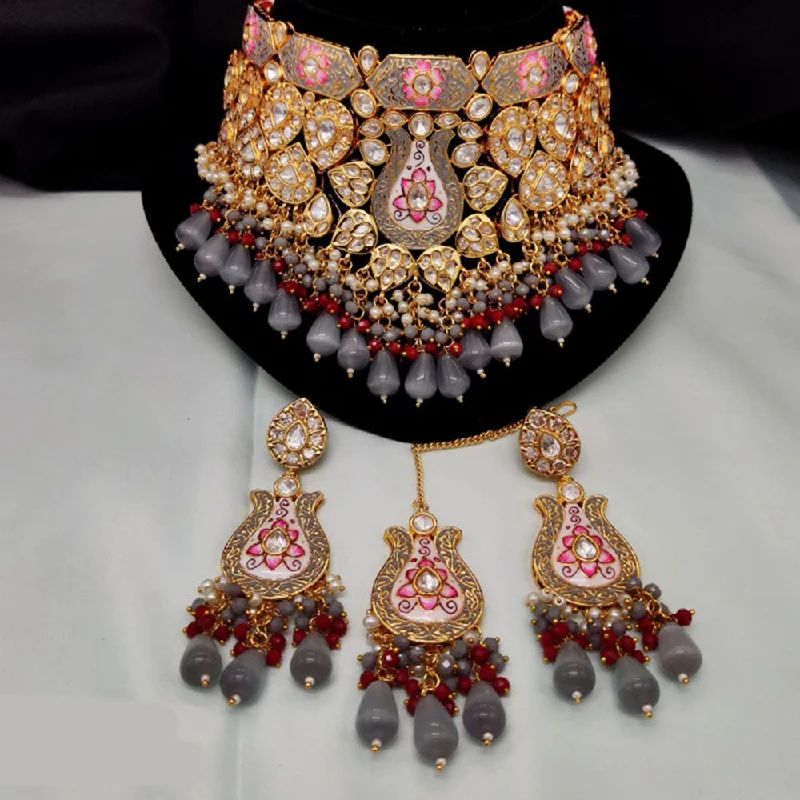 Bold Crystal Necklace-Amoliya Jewels Gold Plated Polki Kundan Stone And Beads Meenakari Choker Necklace Set