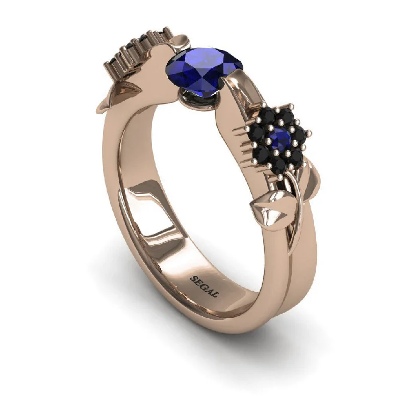 Cute Animal Rings-Engagement ring 14K Rose Gold Flower And Leafs Antique Ring Sapphire With Black Diamond - Piper