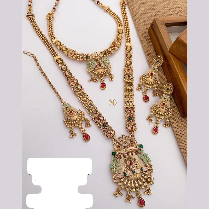 Gold Rope Necklace-FS Collection Gold Plated Pota Stone And Meenakari Double Necklace Set