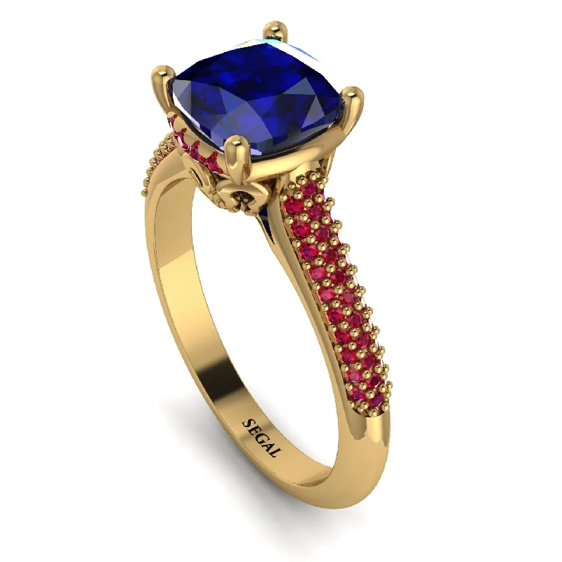 Antique Gold Ring-Luxury Pave Cushion Cut Sapphire Engagement Ring With Hidden Stone - Esmeralda No. 58