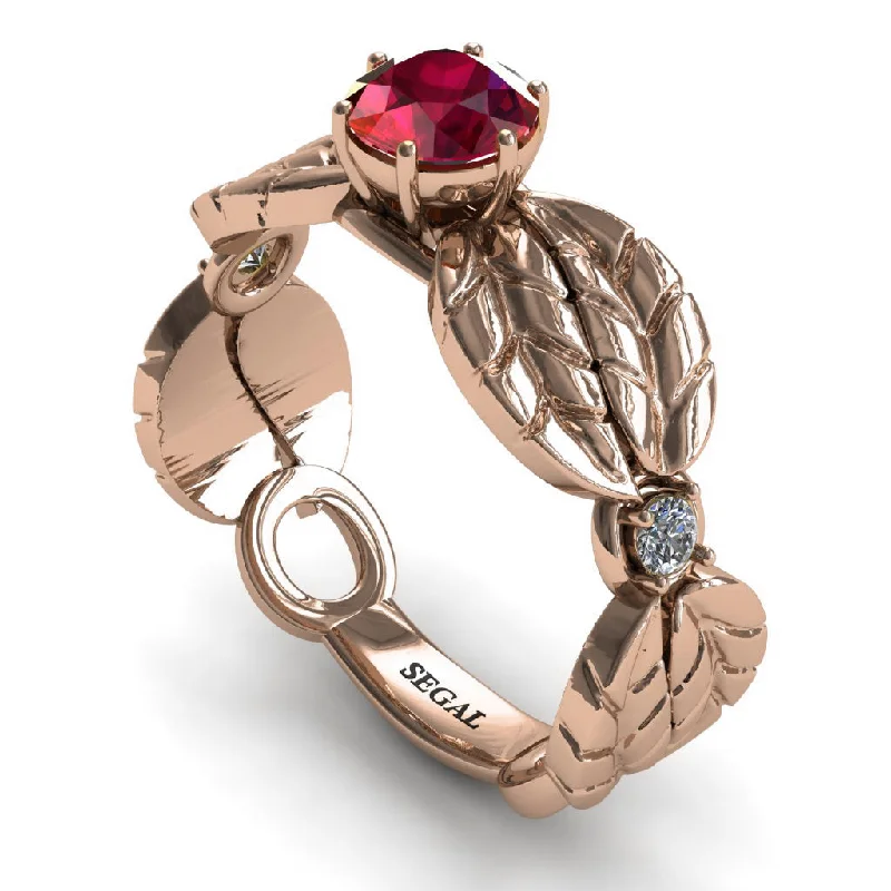 Sterling Silver Ring-Unique Engagement Ring 14K Rose Gold Leafs Vintage Ruby With White diamond - Scarlett No. 5