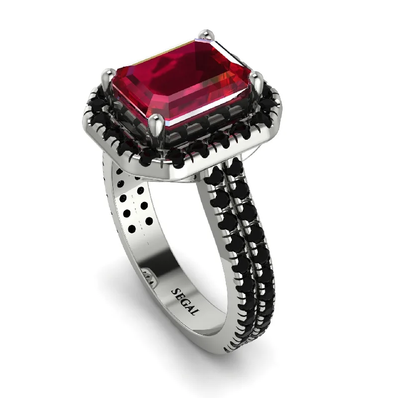 Elegant Gemstone Ring-Gorgeous Emerald Cut Ruby Pave Double Shank Engagement Ring With Hidden Stone - Veronica No. 42