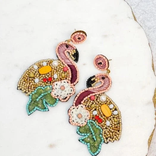 Gold and Diamond Earrings-Beaded Earrings, Flamingos & Flowers