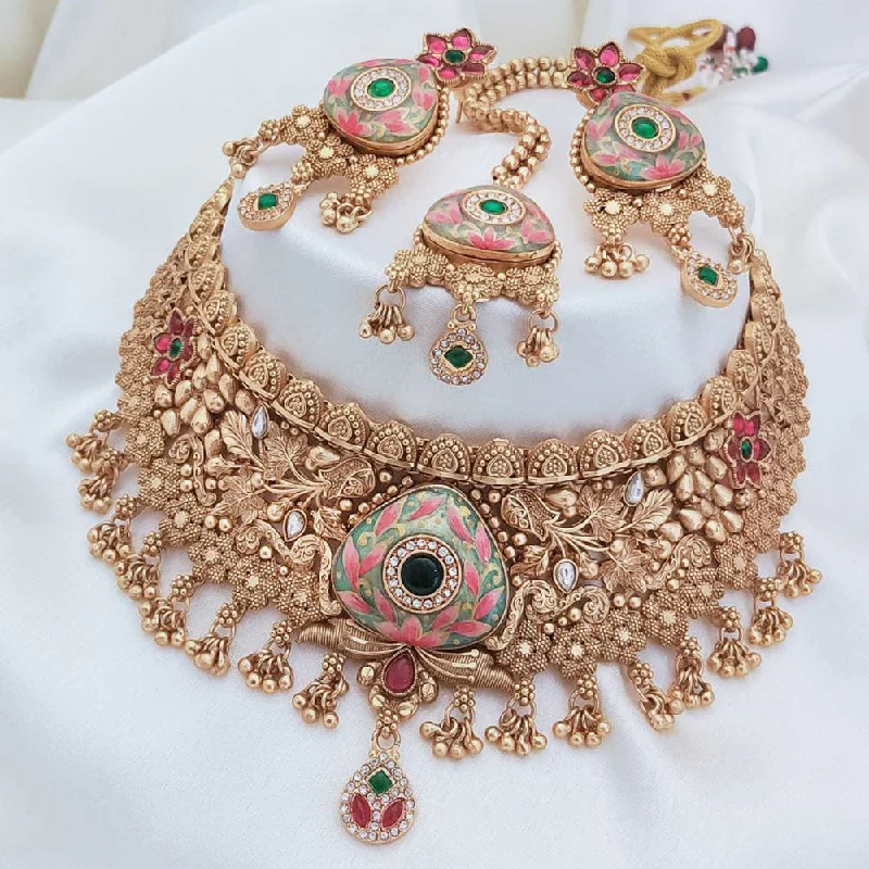 Oval Gemstone Necklace-Akruti Collection Gold Plated Pota Stone And Pearls Meenakari Choker Necklace Set