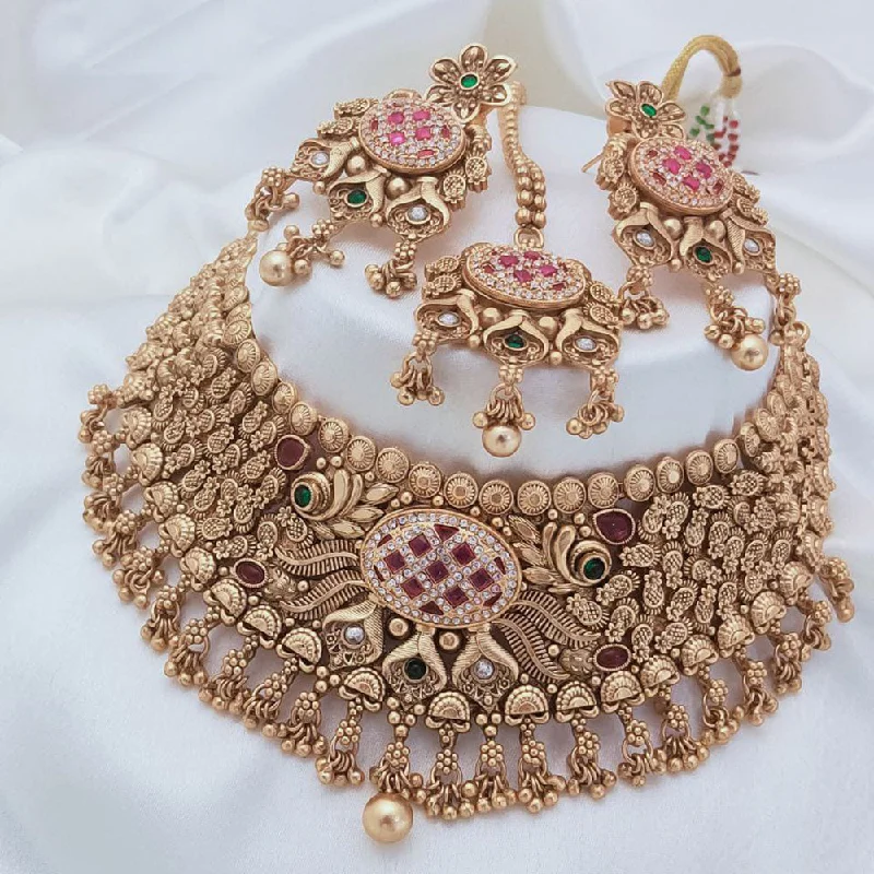 Bohemian Layered Necklace-Akruti Collection Gold Plated Pota Stone And Pearls Choker Necklace Set