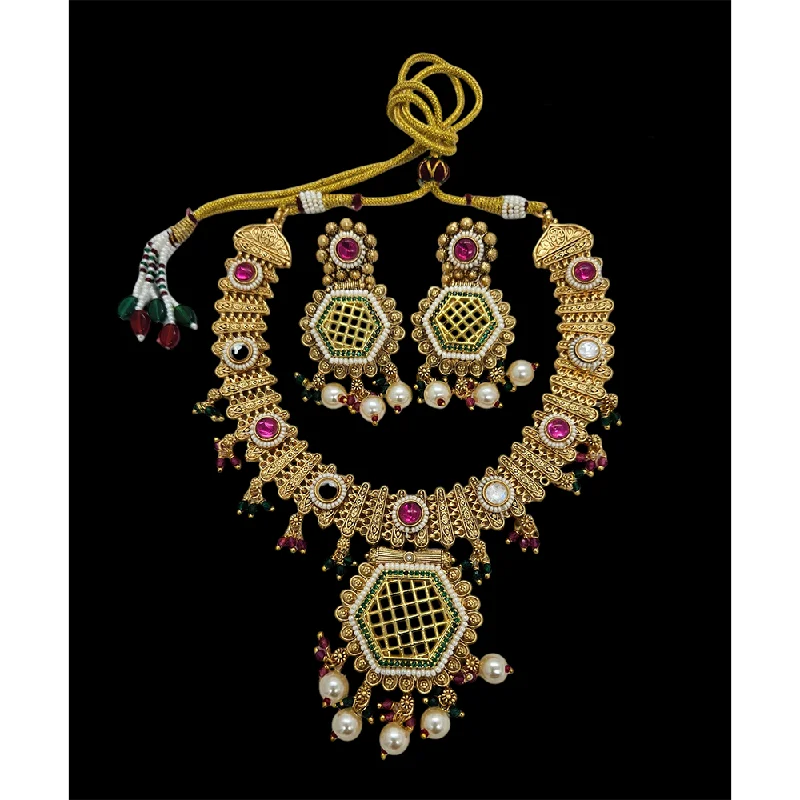 Bridal Wedding Necklace-Nakoda Jewels Brass Copper Gold Plated Pota Stone And Pearls Necklace Set