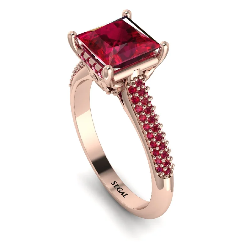 Luxury Gold Ring Set-Luxury Pave Princess Cut Ruby Engagement Ring With Hidden Stone - Sabrina No. 56