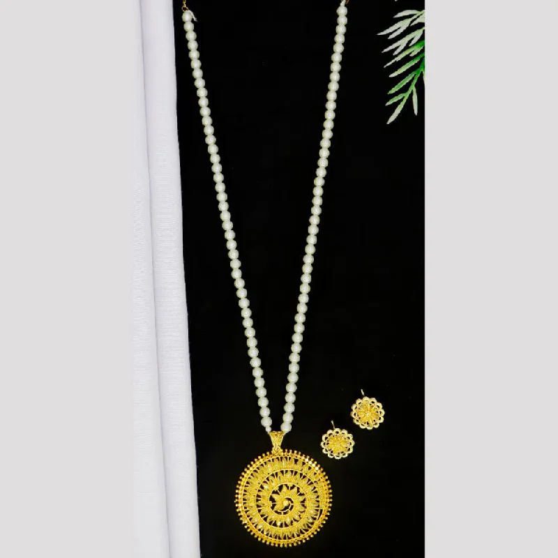 Multi-Colored Stone Necklace-Mahavir Gold Plated Pearls Long Necklace Set