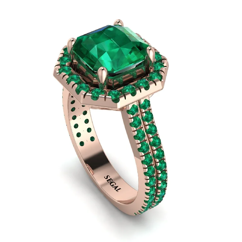 Classic Gold Ring-Gorgeous Radiant Cut Emerald Pave Double Shank Engagement Ring With Hidden Stone - Felicity No. 20