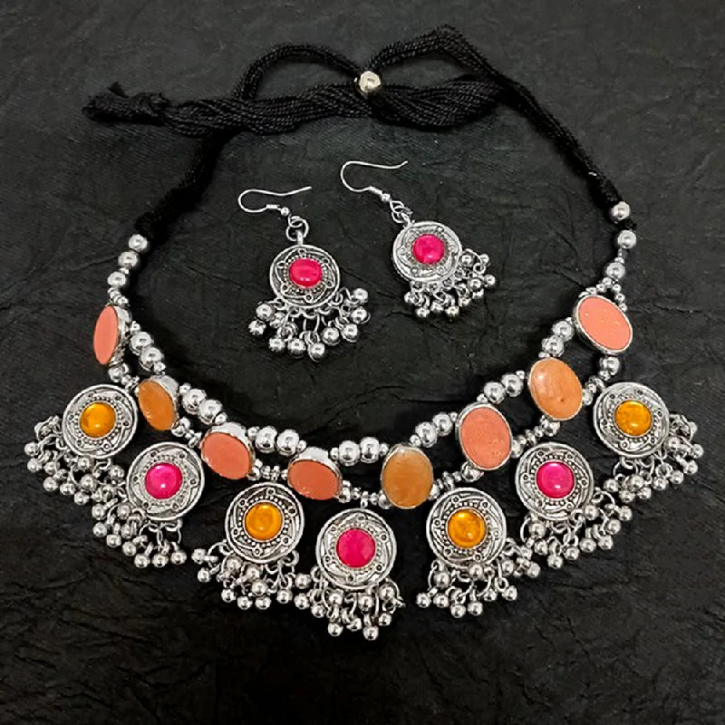 Unique Chain Necklace-Bevy Pearls Oxidised Plated Pota Stone Choker Necklace Set