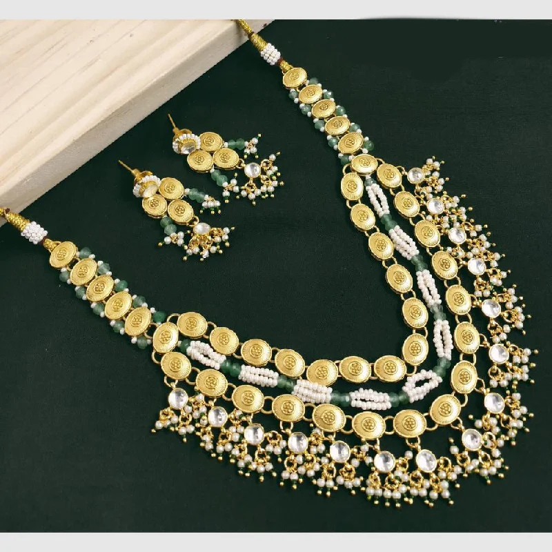 Unique Leather Necklace-SNERA Gold Plated Kundan Stone And Pearls Multi Layer Necklace Set