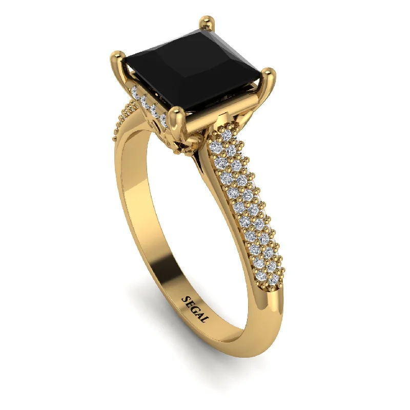 Classic Gold Band Ring-Luxury Pave Princess Cut Black Diamond Engagement Ring With Hidden Stone - Sabrina No. 7