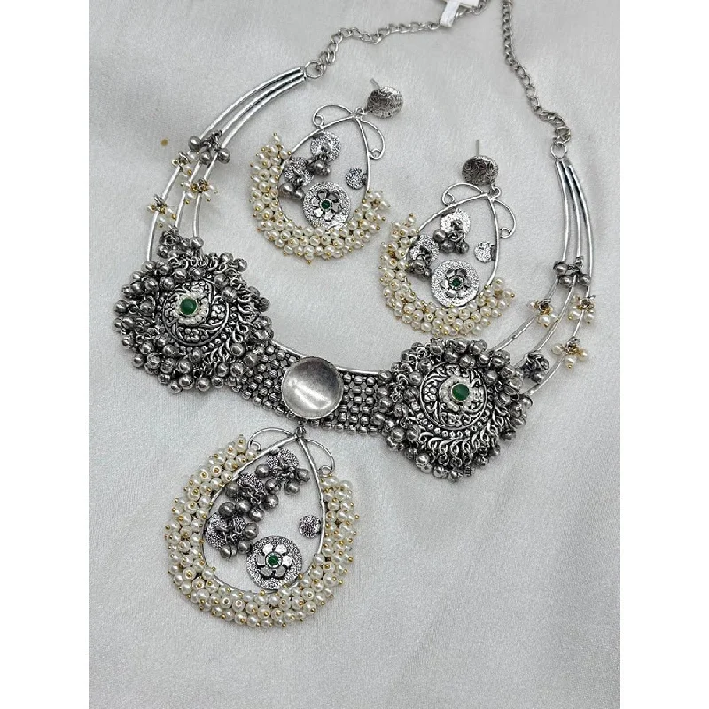 Chunky Silver Necklace-Akruti Collection Oxidised Plated Pota Stone Necklace Set