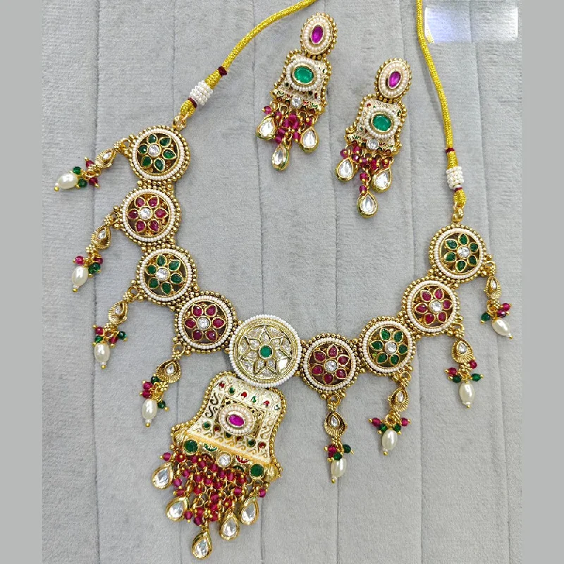 Vintage-inspired Choker Necklace-JCM Gold Plated Pota Stone And Meenakari Necklace Set