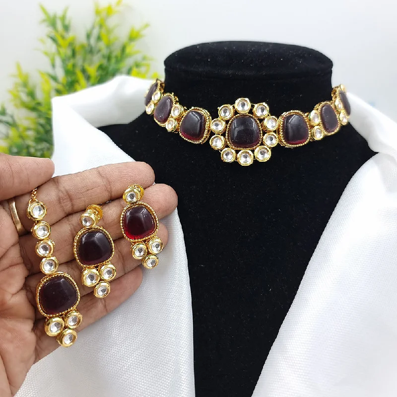 Large Statement Necklace-JCM Gold Plated Kundan Stone Choker Necklace Set