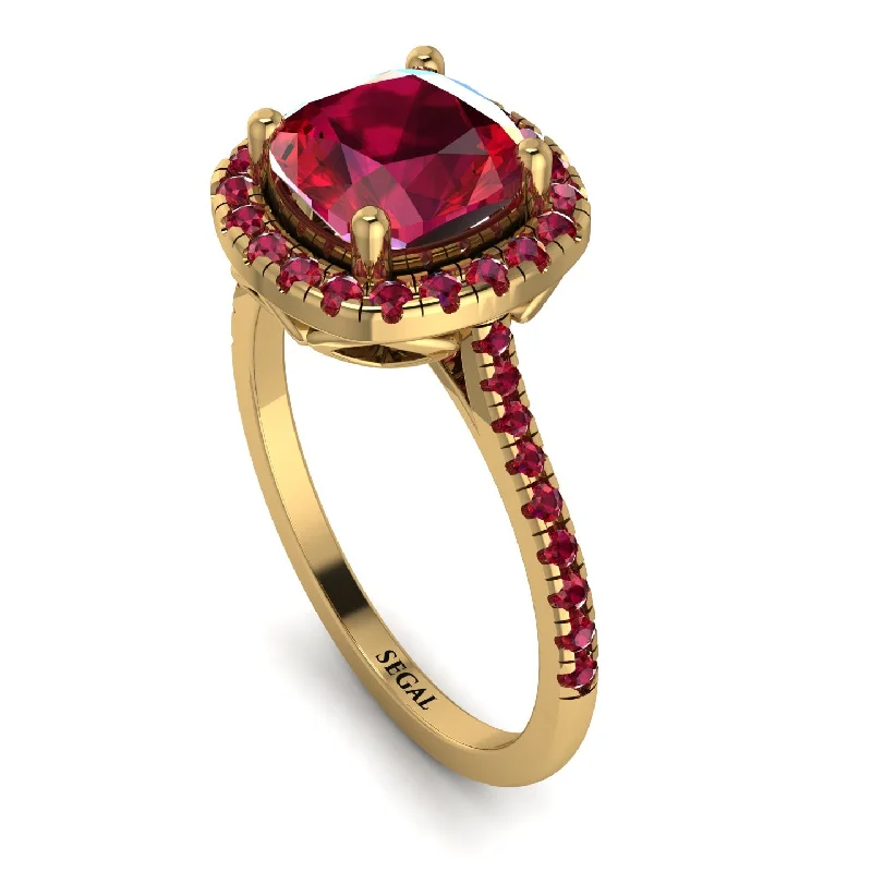 Dainty Gold Ring-Gorgeous Cushion Cut Ruby Pave Engagement Ring With Hidden Stone - Kira No. 55