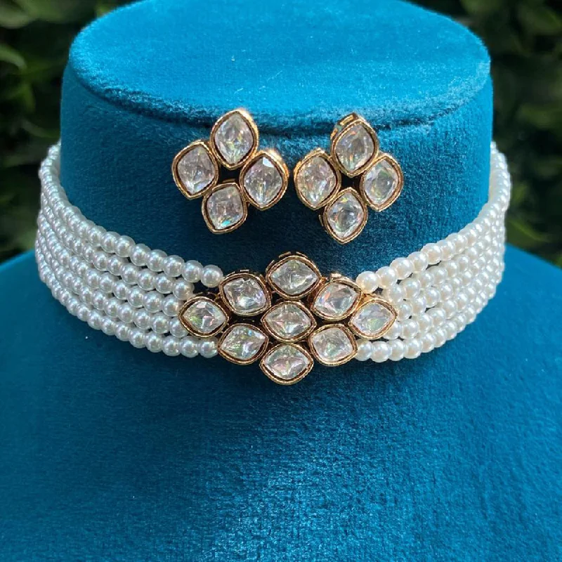 Unique Charm Necklace-Royal Kundan Jewellery Gold Plated Polki Kundan And Pearls Choker Necklace Set