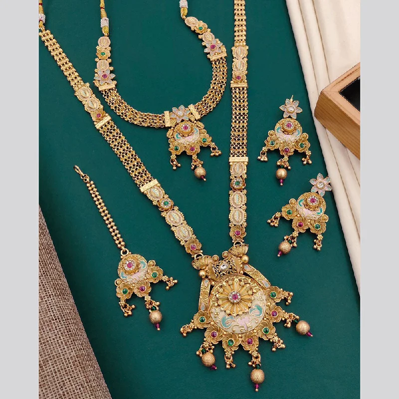 Diamond Necklace for Women-Neetu Art Gold Plated Pota Stone Double Necklace Set