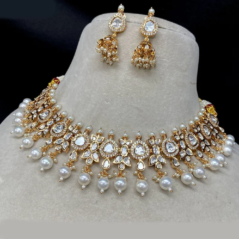 Minimalist Necklace-Royal Kundan Jewellery Gold Plated Polki Kundan And Pearls Choker Necklace Set