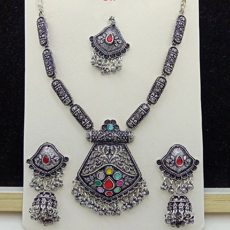 Silver Bar Necklace-SP Jewellery Oxidised Plated Pota Stone Necklace Set