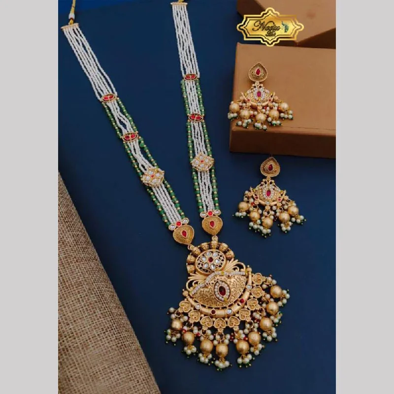 Crystal Bar Necklace-Neetu Art Gold Plated Pota Stone And Pearl Long Necklace Set