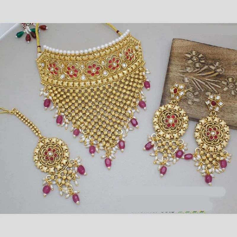 Handcrafted Silver Necklace-Manisha Jewellery Gold Plated Pota Stone And Beads Choker Necklace Set