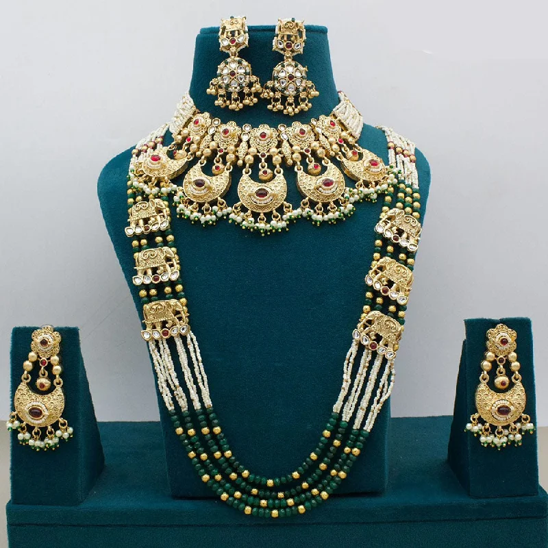 Gold Bead Necklace-JCM Jewellery Gold Plated Kundan Stone And Pearls Double Necklace Set