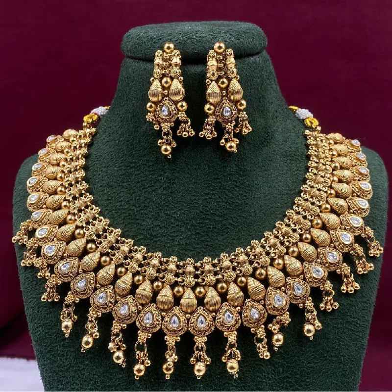 Multi-Strand Necklace-Amoliya Jewels Gold Plated Pota Stone And Pearls Necklace Set