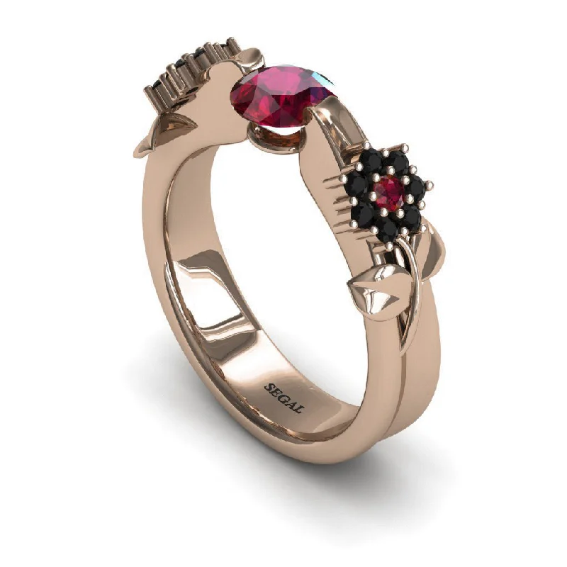 Minimalist Gold Ring-Engagement ring 14K Rose Gold Flower And Leafs Antique Ring Ruby With Black Diamond - Piper