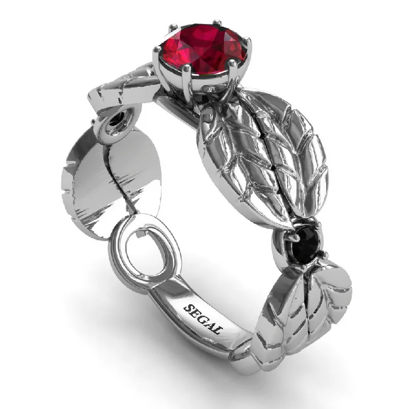 Boho Chic Ring-Unique Engagement Ring 14K White Gold Leafs Vintage Ruby With Black Diamond - Scarlett No. 15