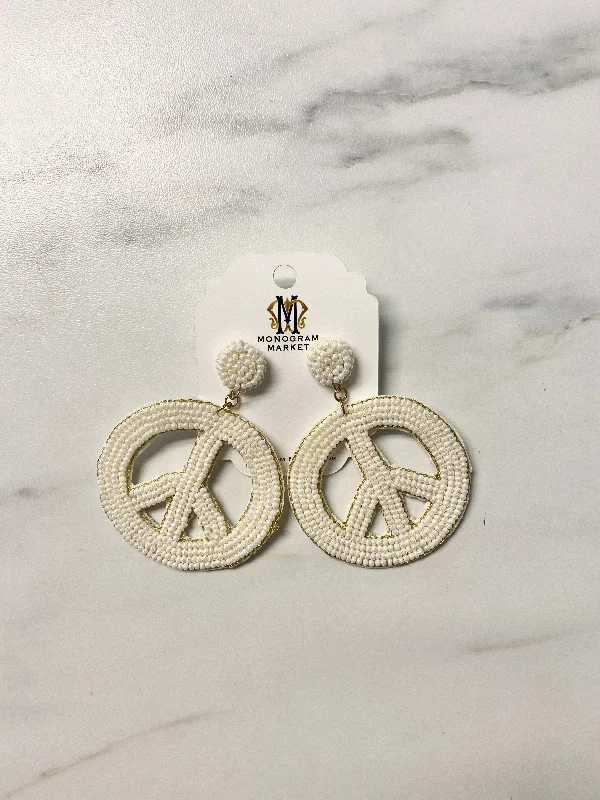 Handcrafted Wooden Earrings-Beaded Earrings, White Peace Signs