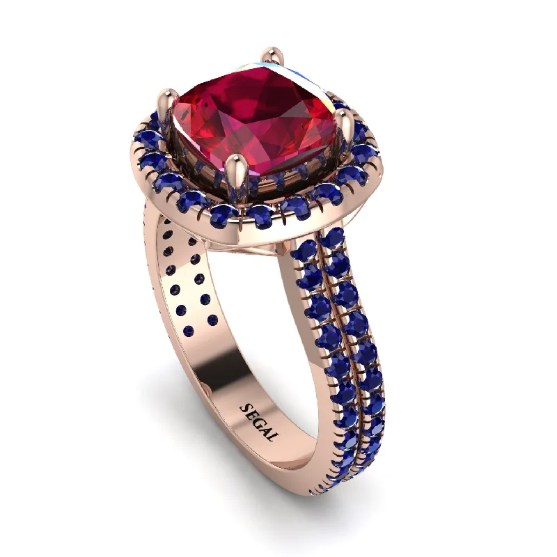 Custom Gold Name Ring-Gorgeous Cushion Cut Ruby Pave Double Shank Engagement Ring With Hidden Stone - Kira No. 71