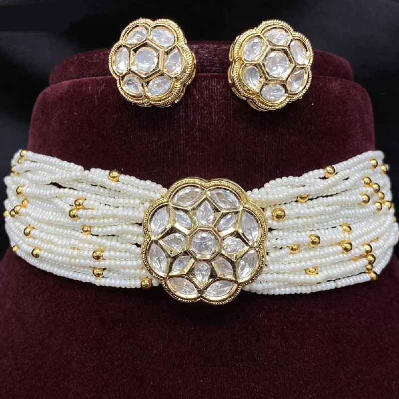 Diamond and Pearl Necklace-Royal Kundan Jewellery Gold Plated Polki Kundan And Pearls Choker Necklace Set