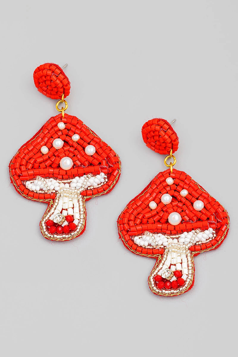 Silver Hoop Earrings-Beaded Earrings, Red Mushroom