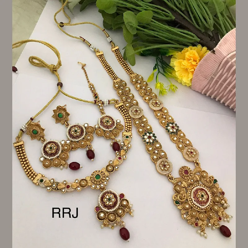 Fashionable Gold Necklace-FS Collection Gold Plated Pota Stone And Beads Combo Necklace Set